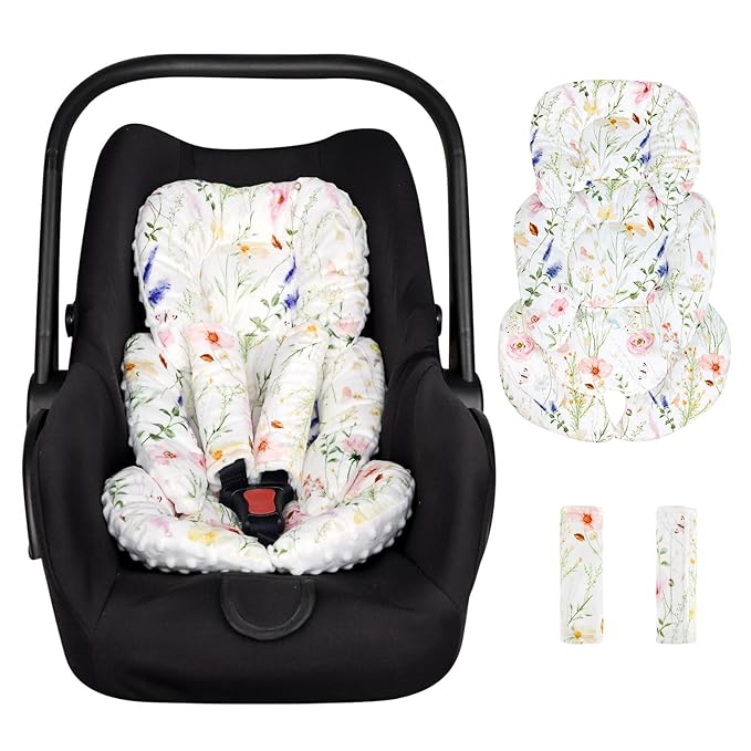 Infant Car Seat Insert, Car Seat Head Support Baby Girls Boys, Soft & Reversible Newborn Carseat Insert Cushion with 2 Strap Covers, for Stroller, Swing, Bouncer (White Wildflowers)-CubbioJoy