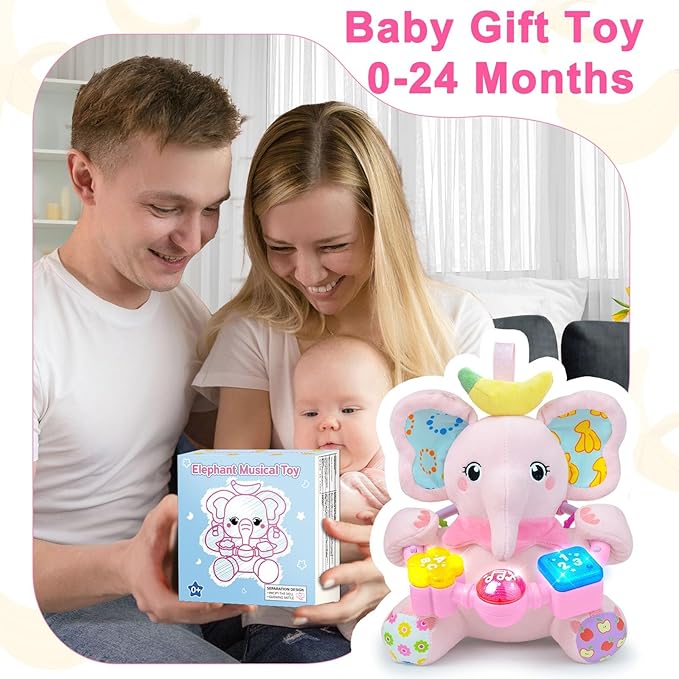 Baby Elephant Musical Stuffed Animals Toy with Light-Up Music & Crinkle Sound Paper,Infant Bilingual Early Learning Education Toys,Tummy Time Toys for 0-3-6-12+ Months Boy Girl, Pink-CubbioJoy