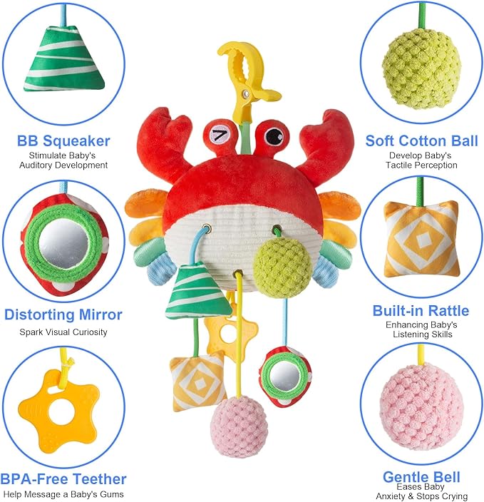 Car Seat Toy for Babies 0-6 Months, Stroller Toy with a Convenient clip, Carseat Toys Hanging Baby Accessories,Built-In Bell, Rattle,Squeaky,Mirror for infant,Babies Gift 0-3-6-12 months Boy Girl-CubbioJoy