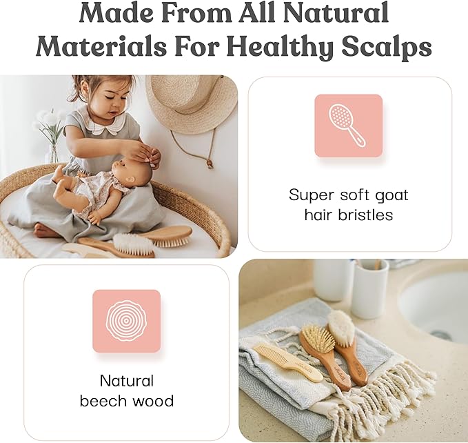 4 Piece Wooden Baby Hair Brush and Comb Set for Newborns & Toddlers in Chic Gift Box - Ultra Soft Natural Goat Hair and Wood Baby Brush Set Prevents Cradle Cap - Perfect Registry Gift (Pink)-CubbioJoy