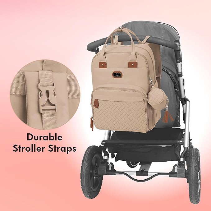 Dikaslon Diaper Bag Backpack with Portable Changing Pad, Pacifier Case and Stroller Straps, Large Unisex Baby Bags for Boys Girls, Multipurpose Travel Back Pack for Moms Dads, Milk Tea Khaki-CubbioJoy