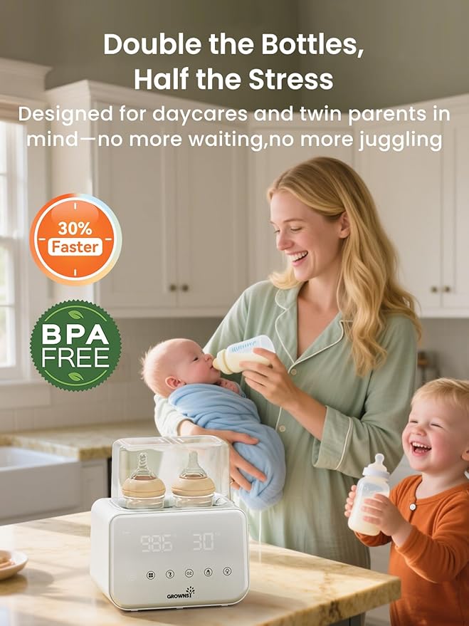 Baby Bottle Warmer, Grownsy 10-in-1 Fast Bottle Warmer Accurate Temp Control, with LCD Display, Timer, Defrost, Sterili-zing, Keep 24H, Double Bottle Warmer for Breastmilk& Formula, Heat Baby Food-CubbioJoy