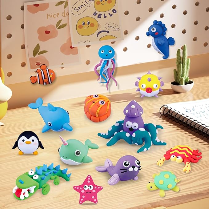 Air Dry Clay for Kids,Modeling Clay Kit,14 Species of Marine Life DIY Molding Clay Art Crafts Set,Ultra Light & Soft,Safe Non-Toxic,Toys Gifts for Age 4 5 6 7 8+ Years Old Boys Girls Kids-CubbioJoy