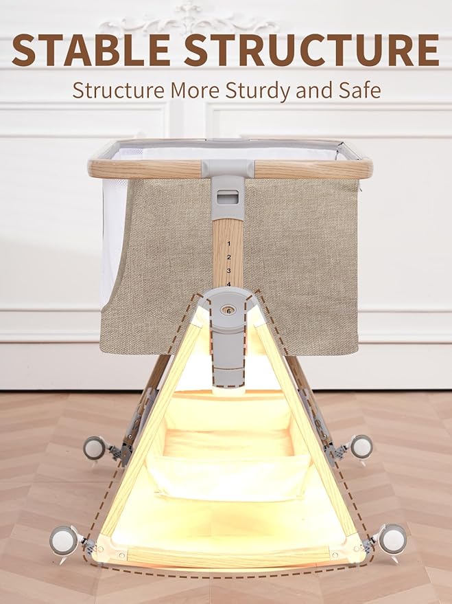 Baby Bassinet, Bassinet Bedside Sleeper with Waterproof Bassinet Sheets and Soft Mattress, Safe Adjustable Height Bedside Bassinets with Wheels, Girl/Boy Bassinets, Khaki-CubbioJoy