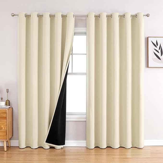 ChrisDowa 100% Blackout Curtains 84 inch Long for Bedroom with Black Liner, Extra Wide 2 Thick Layers Total Blackout Thermal Insulated Grommet Window Curtains 2 Panels Set (Light Beige, 60 x 84 Inch)-CubbioJoy