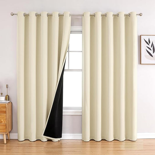 ChrisDowa 100% Blackout Curtains 84 inch Long for Bedroom with Black Liner, Extra Wide 2 Thick Layers Total Blackout Thermal Insulated Grommet Window Curtains 2 Panels Set (Light Beige, 60 x 84 Inch)-CubbioJoy