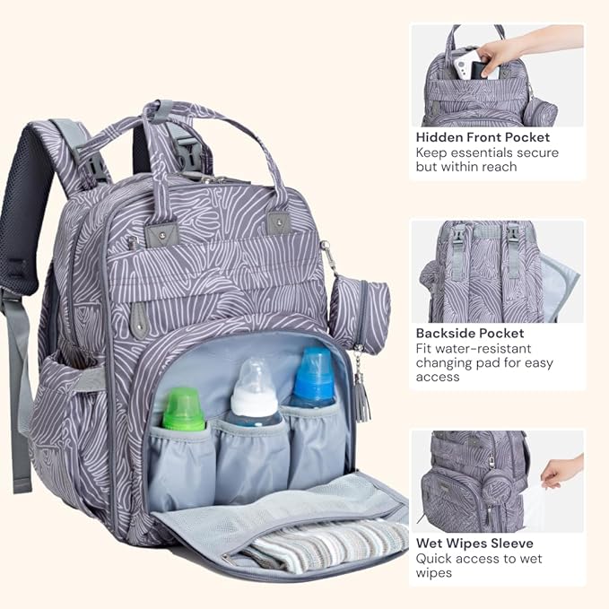 BabbleRoo Diaper Bag Backpack - Baby Essentials, Travel Essentials Baby Bag with Changing Pad, Stroller Straps & Pacifier Case - Unisex, Gray Swirls-CubbioJoy