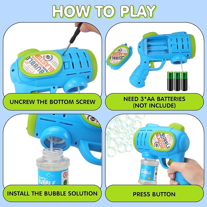 2 Pack Bubble Gun Machine for Kids, Automatic Light Up Bubble Blower with 4 Bottles 10 Bags Refill Solution Bubble Guns Blaster for Toddlers, Outdoor Toys Gifts Wedding Easter Party Favor-CubbioJoy