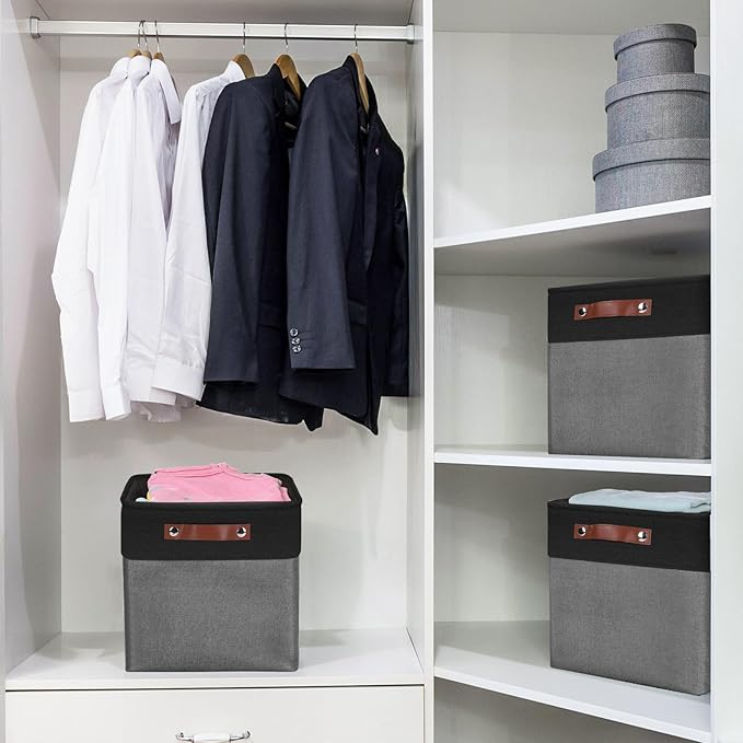 Collapsible Fabric Storage Cubes 11x11 Cube Storage Bins, 4 Pack Closet Baskets Box with Handles for Organizing, Shelf, Toys, Clothes, Home, Office, Nursery (Grey&Black)-CubbioJoy