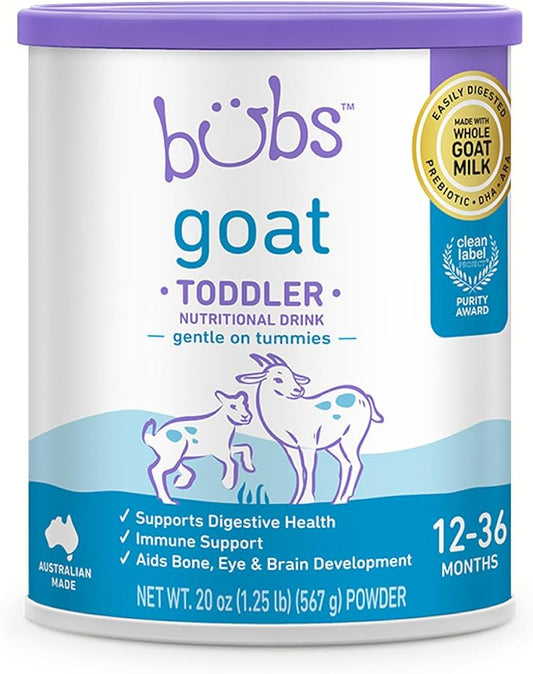 Bubs Goat Toddler Nutritional Drink, Non-GMO Whole Goat Milk-Based Gentle Formula, for Kids 12-36 Months, 20 oz-CubbioJoy