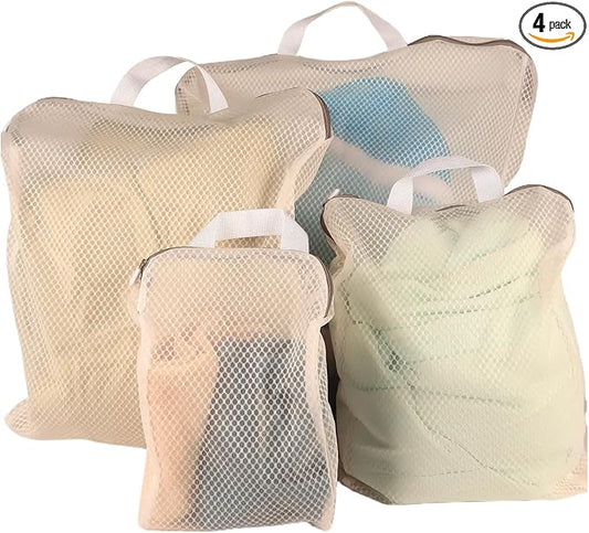 4 Pack Mesh Laundry Bag Mesh Laundry Bags Laundry with Handle for Washing Socks, Baby Items, Lingerie, Travel Garments (BEIGE, 4)-CubbioJoy
