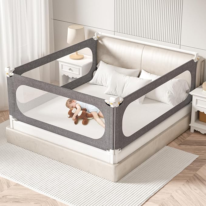 3-Piece Full Size Bed Rails for Toddlers, with Headboard Rod -Height Adjustable Baby' Safety Bed Rails Guard for Full Size Bed(3Pack 74.8"x74.8"x54"-Gray)-CubbioJoy