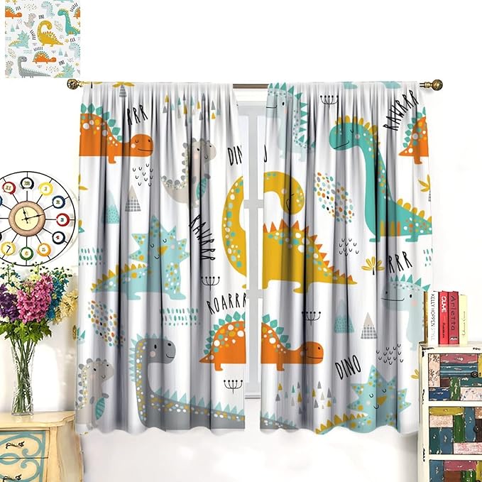 Dinosaur Curtains for Kids Boys Girls Home Decor Childish Cute Dino Animals Print Pattern Rod Pocket Blackout Window Drapes for Nursery Baby Bedroom Playroom W31.5xL72in 2 Panels-CubbioJoy