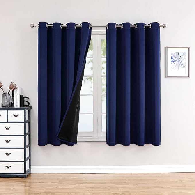 ChrisDowa 100% Blackout Curtains for Bedroom with Black Liner, 2 Thick Layers Total Blackout Thermal Insulated Grommet Window Curtains 2 Panels Set (Navy Blue, 52 x 45 Inch)-CubbioJoy