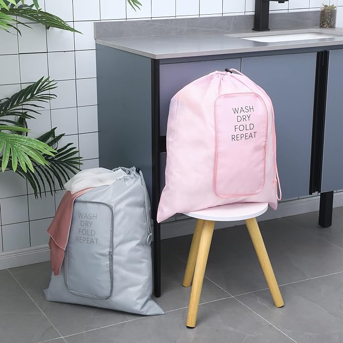 Boao 2 Pcs Travel Laundry Bag Washable Dirty Clothes Bag with Drawstring and Zipper for Suitcase, 22 x 18 Inch (Pink, Gray,Classic)-CubbioJoy