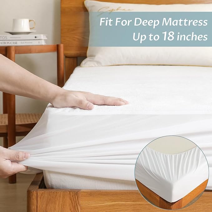 California King Size Waterproof Mattress Protector Fitted Terry Mattress Pad Cover with Deep Pocket Up to 18''-CubbioJoy