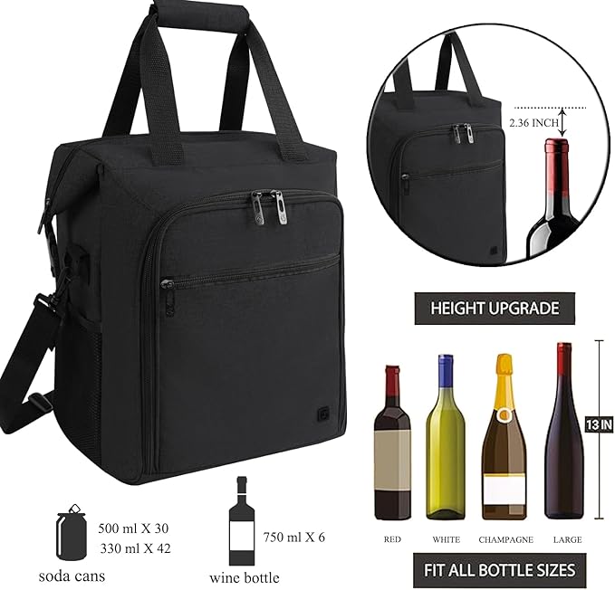 ALLCAMP 6 Bottle Wine Gift Bag - Insulated Tote Cooler, Adjustable Strap, Includes 6 Wine Glasses, Napkins & Corkscrew, Portable Travel Gifting(Black)-CubbioJoy