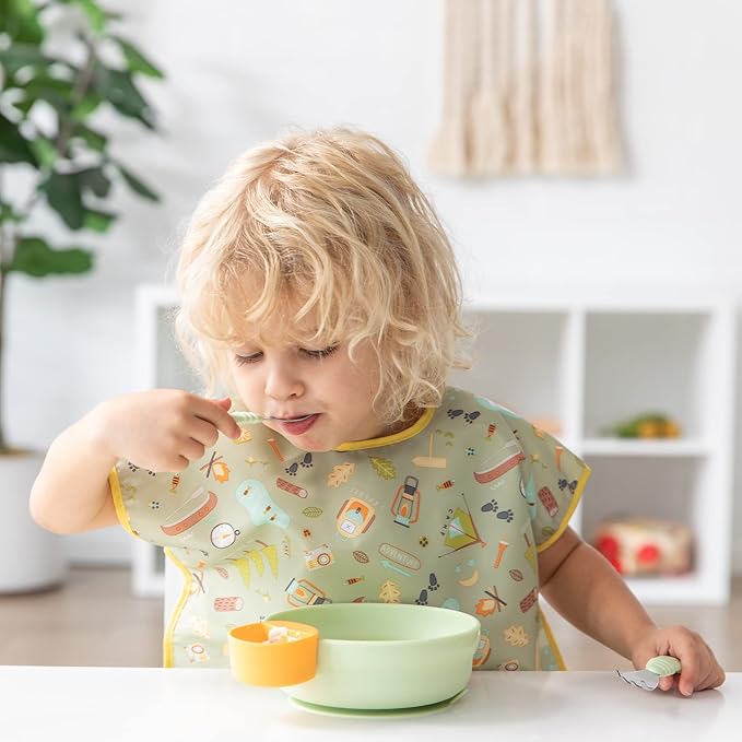 Bumkins Toddler Utensils, Kids Size Fork and Spoon Set, Silicone and Stainless-Steel Training Silverware, Angled Forks / Sporks for Self-Feeding, Children Hold Learning to Eat, 18 Mos Up, Sage Green-CubbioJoy