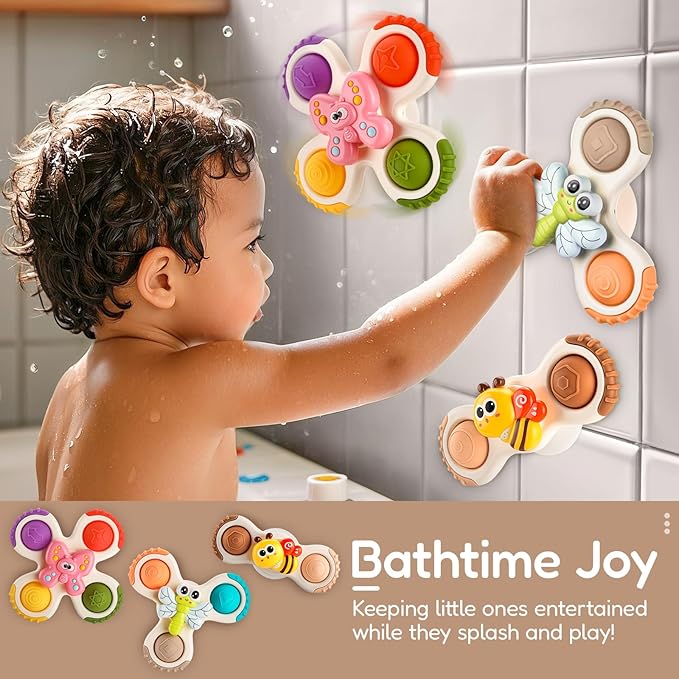 ALASOU 3PCS Pop Suction Cup Spinner Toys for 1 Year Old Boy Girl|Novelty Spinning Tops Toddler Toys Age 1-2|Sensory Baby Bath Toy for Toddlers 1-3|12 18 Months Boy Birthday Gift for Infant-CubbioJoy