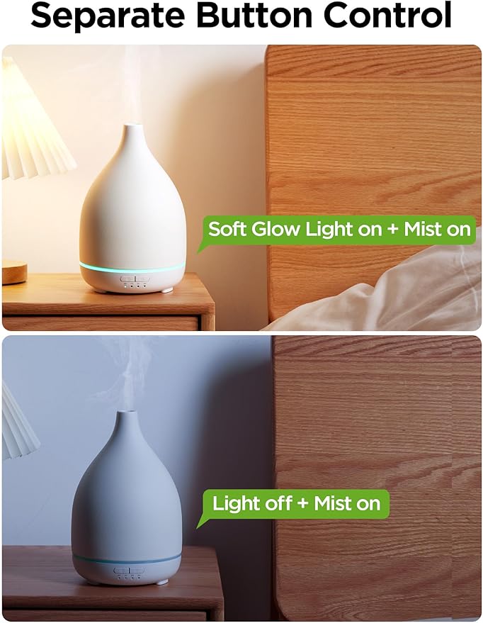 InnoGear Oil Diffuser, 300ML Ceramic Diffuser for Essential Oils Handcrafted Aromatherapy Diffuser Ultrasonic Cool Mist Humidifier with 4 Timers Waterless Auto Off for Room Office, White Base-CubbioJoy