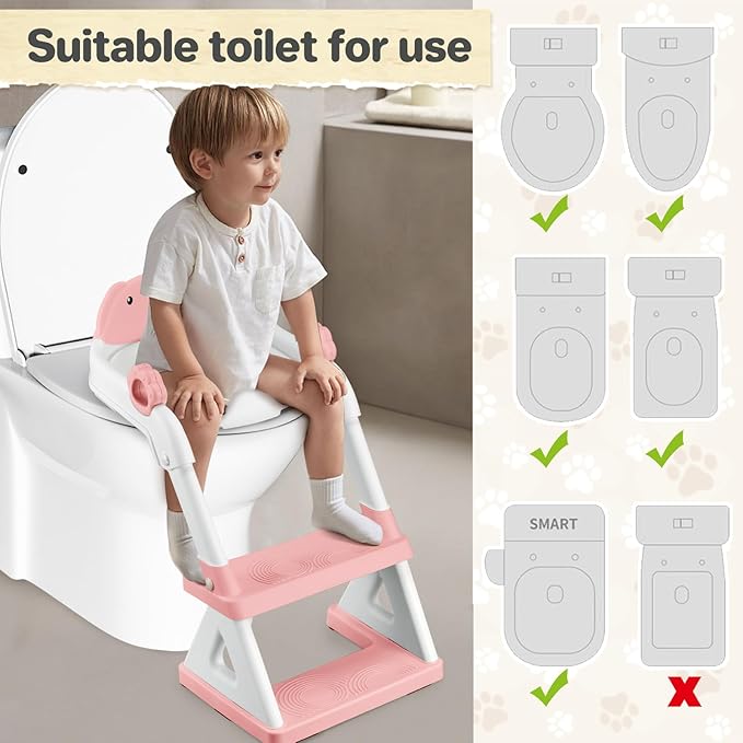 2 In 1 Potty Training Toilet Seat & Toddler Step Stool, Bottom Triangle Stability Toddler Toilet Seat, Adjustable Step & Seat Height Potty Seats (Pink)-CubbioJoy
