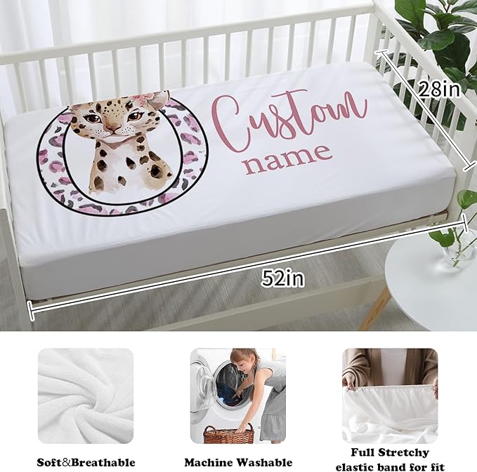 Custom Nursery Crib Bedding Set: Personalized Name 4 Piece Pink Leopard Elephant Design Baby Crib Sets for Girls - Toddler Double Layer Blanket Set, Comfortable Crib Bed Sheets for Baby Toddlers-CubbioJoy