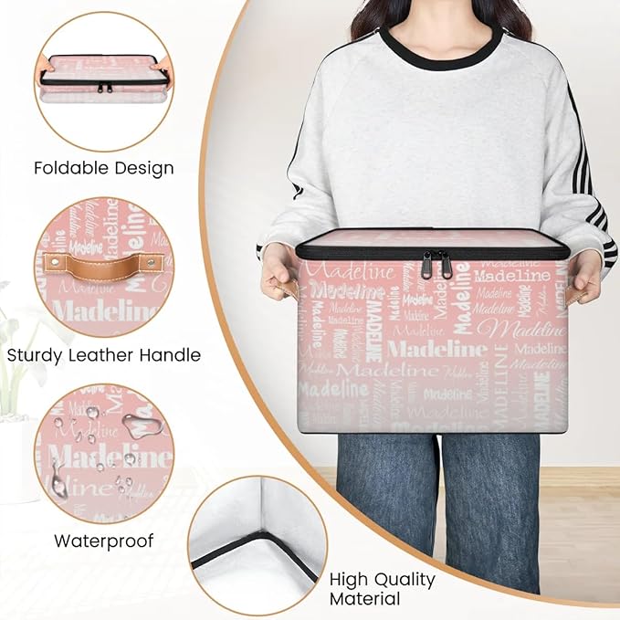 Custom Storage Basket with Name, Personalized Storage Bins with Zipper Lid, Foldable Fabric Storage Box Large capacity with Handle Pink White-CubbioJoy