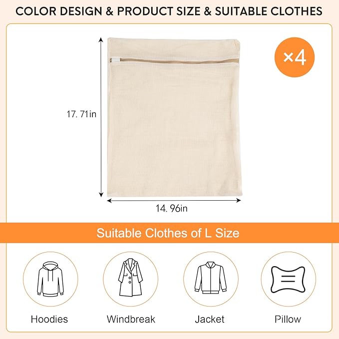 4-Piece Large Durable Organic Cotton Mesh Laundry Bags with Sturdy Zippers and Breathable Mesh are Delicate Laundry Bags for Underwear, Clothes, Pants and Socks-CubbioJoy
