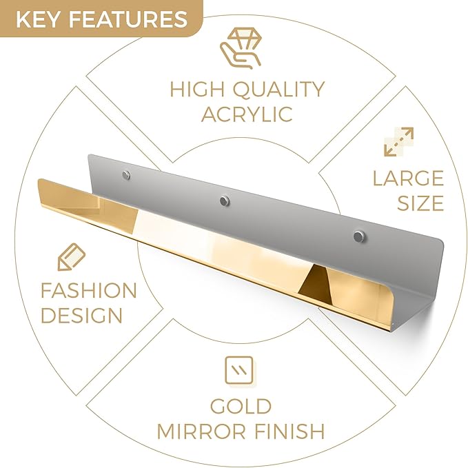 2 Pack 24 Inch Gold Reflective Acrylic Shelves, Gold Foating Shelves, Modern Sunglasses Essential Oil Picture Ledge Display Toy Storage Shelf-CubbioJoy