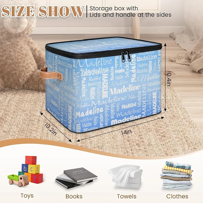 Custom Storage Basket with Name, Personalized Storage Bins with Zipper Lid, Foldable Fabric Storage Box Large capacity with Handle Blue-CubbioJoy