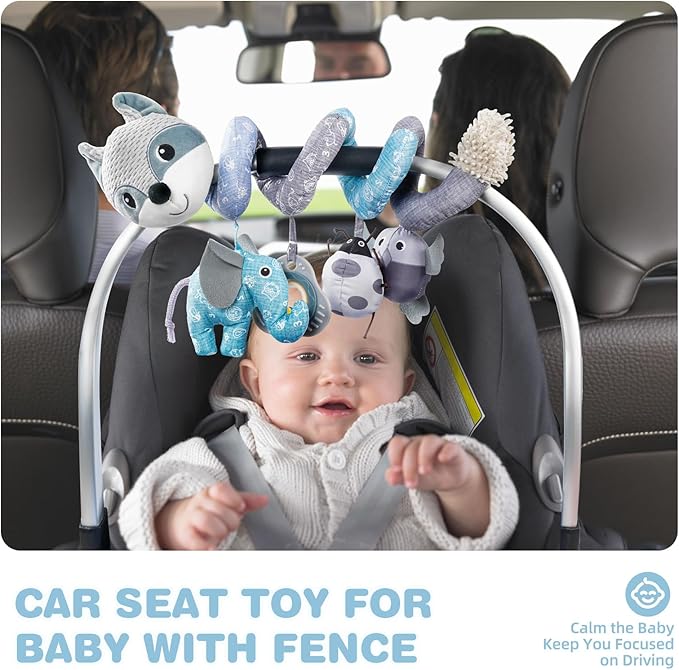 Jollybaby Baby Car Seat Stroller Toys, Plush Activity Hanging Spiral Activity Pram Crib with Music Box, Rattles, Squeaker for Babies Infant Boys Girls(Grey Fox)-CubbioJoy