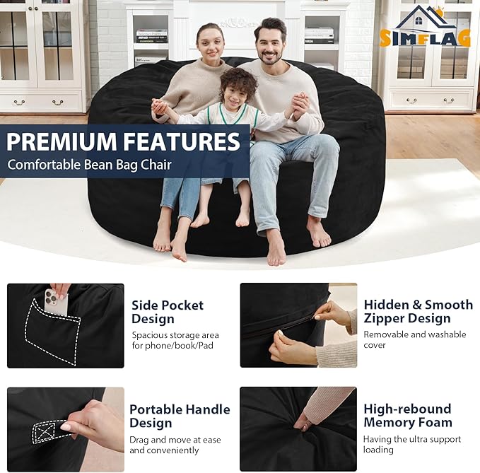 5FT Bean Bag Chair, Large Bean Bag Chairs with Memory Foam Filled, Fluffy Beanbag Sofa with Dutch Velvet Cover, Round BeanBag Chairs for Living Room, Playroom - Black-CubbioJoy