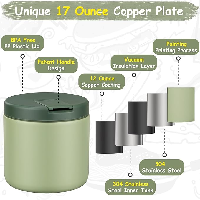 19oz Insulated Vacuum Food Jar with Buckle Lid Wide Mouth Soup Thermo for Hot Food Kids Leakproof Stainless Steel Lunch Container- Green-1Pack-CubbioJoy