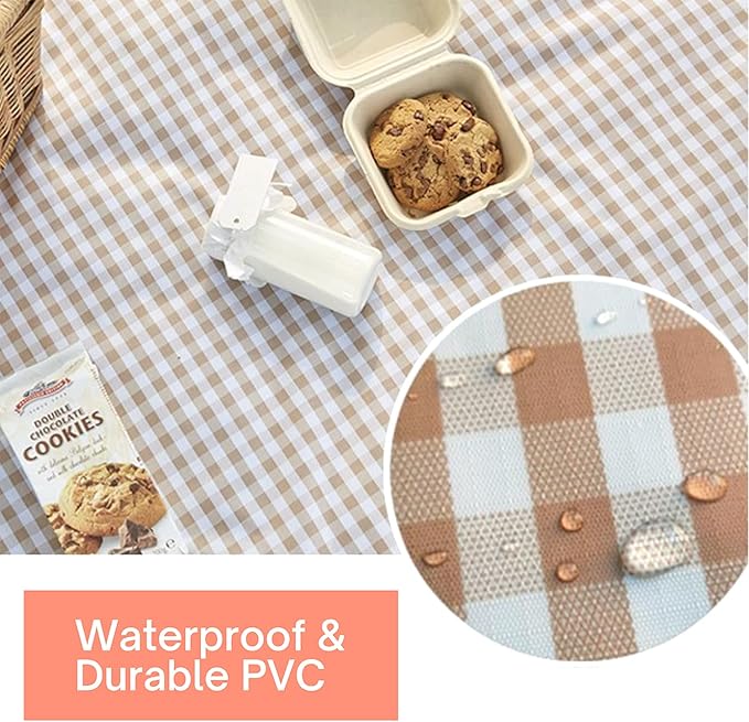 Cute Gingham Picnic Blanket, Waterproof Foldable, in Large 80x60in and Extra Large 80x80in, Portable Compact Beach Blanket, Oversized XL Outdoor Mat (Tan, X-Large)-CubbioJoy