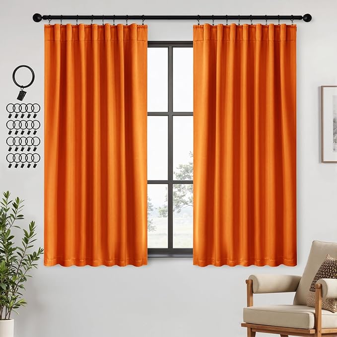 ANRODUO Back Tab Blackout Curtains for Bedroom Living Room, Rod Pocket Pinch Pleated Thermal Insulated Room Darkening Curtains 72 Inches Long 2 Panels, Orange, 42 x 72 Inch-CubbioJoy