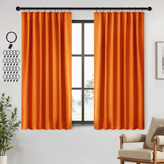 ANRODUO Back Tab Blackout Curtains for Bedroom Living Room, Rod Pocket Pinch Pleated Thermal Insulated Room Darkening Curtains 63 Inches Long 2 Panels, Orange, 42 x 63 Inch-CubbioJoy