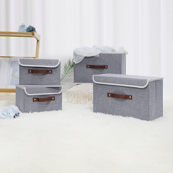 ANMINY 2PCS Storage Bins with Lid PU Leather Handles Storage Boxes PP Plastic Board Decorative Foldable Lidded Cotton Linen Fabric Home Cubes Baskets Closet Organizer Containers - Gray, Small Size-CubbioJoy