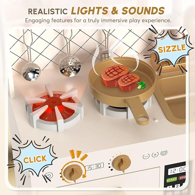 BIERUM Play Kitchen with Realistic Lights & Sounds, Wooden Kitchen Playset Chef Pretend Play Set for Toddlers, Toy Kitchen with 26 Pcs Toy Food & Cookware Accessories, Gift for Ages 3+-CubbioJoy