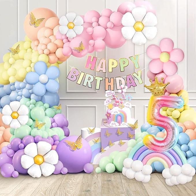 5th Birthday Decorations Girl, Slmeno Daisy Pastel Balloon Arch Kit 219Pcs, 5 Year Old Girl Pastel Rainbow Party Decorations, with Happy Birthday Banner, Cake Toppers, Gold Butterfly Decoration-CubbioJoy