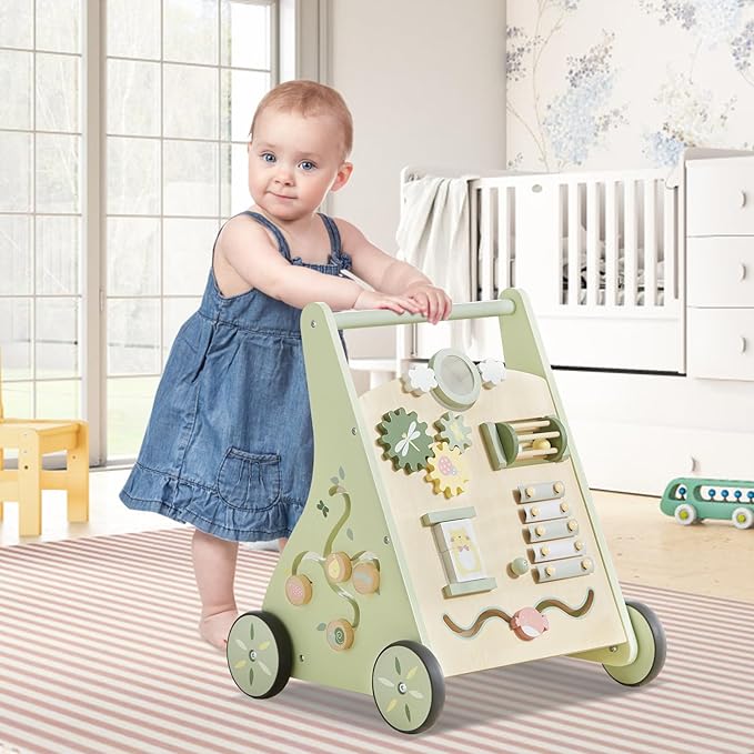 Beright Wooden Baby Walker Push and Pull Learning Activity Walker Kids’ Activity Toy Multiple Activities Center Develops Motor Skills & Stimulates Creativity(Green)-CubbioJoy