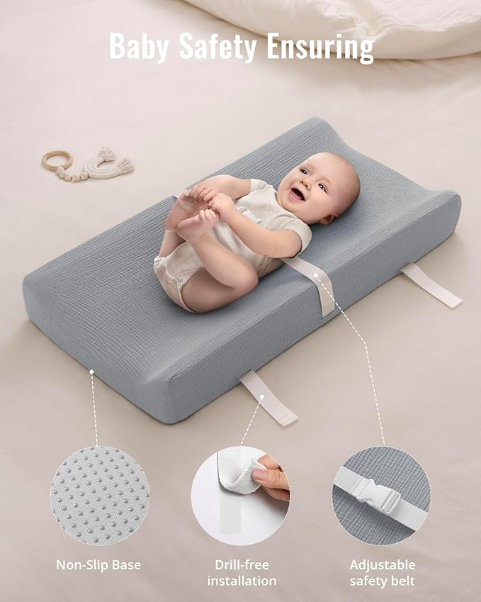 Blissful Diary Muslin Baby Changing Pad with Waterproof Lining Foam, Diaper Changing Table Pad with Cover for Dressers (Gray, Rectangular)-CubbioJoy