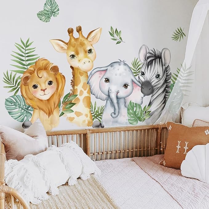 52.51x23.62 Inch Watercolor Jungle Animal Wall Decals Safari Forest Animal Wall Sticker Elephant Lion Monkey Decals for Baby Nursery Playroom Bedroom Classroom Kindergarten Decor-CubbioJoy