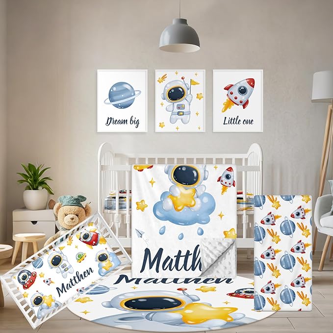 Customized Baby Bedding Set, 5 Pcs Custom Nursery Bedding Set with Baby Name, Double Layer Crib Set for Girls Boys, Personalized Gifts for Toddlers Infants New Parents, Space Astronaut-CubbioJoy