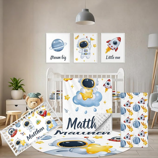 Customized Baby Bedding Set, 5 Pcs Custom Nursery Bedding Set with Baby Name, Double Layer Crib Set for Girls Boys, Personalized Gifts for Toddlers Infants New Parents, Space Astronaut-CubbioJoy