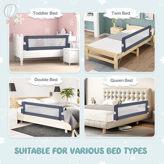 BABY JOY Bed Rails for Toddlers, Extra Long, Swing Down Safety Bed Guard for Convertible Crib, Folding Baby Bedrail for Kids Twin, Double, Full Size Queen & King Mattress (60-Inch, Dark Blue)-CubbioJoy