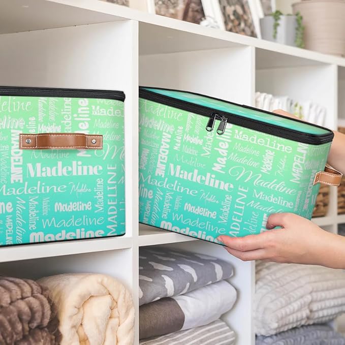 Custom Storage Basket with Name, Personalized Storage Bins with Zipper Lid, Foldable Fabric Storage Box Large capacity with Handle Green Blue-CubbioJoy