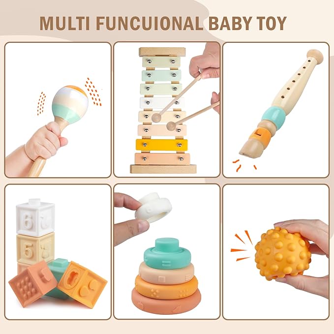 Baby Toys 6-12 Months Montessori Toys for Babies 9 Months,Wooden Musical Instruments Toy Stacking Building Blocks,Infant Teething Toys Sensory Balls,Xylophone,Birthday Gift for Toddlers 1+ Year Old-CubbioJoy