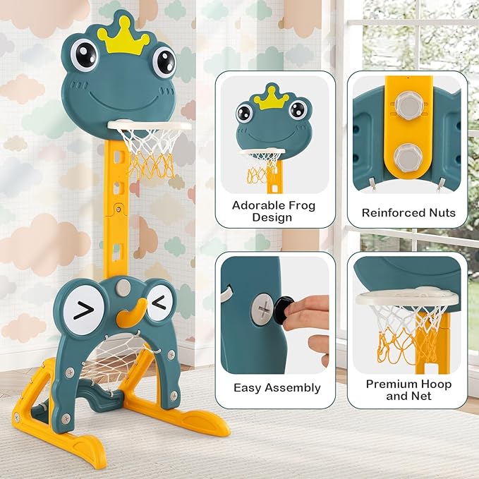 Costzon Toddler Basketball Hoop, 4-in-1 Kids Sports Activity Center with Rim, Soccer Goal, Golf, Ring Toss, Height Adjustable Kids Basketball Hoop with Fillable Base for Indoor Outdoor (Green Frog)-CubbioJoy