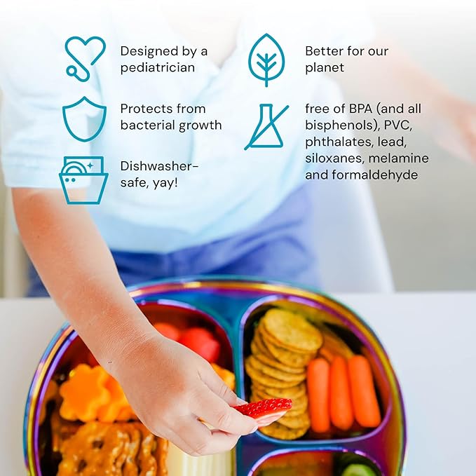 Ahimsa Stainless Steel Kids Plates - Divided Toddler Plates, Pediatrician Designed, Non Toxic Toddler Plate, BPA Free & Dishwasher Safe (Rainbow Single)-CubbioJoy