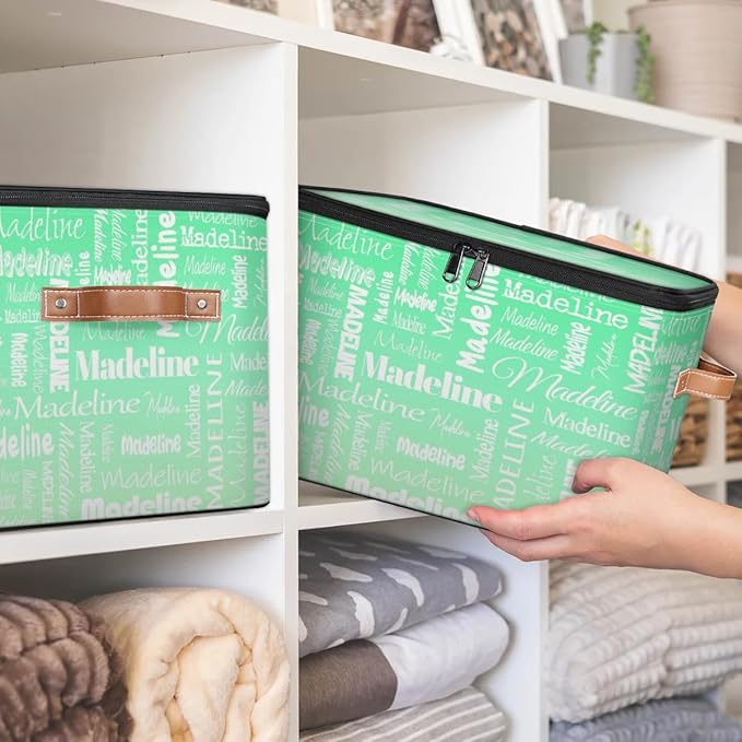 Custom Storage Basket with Name, Personalized Storage Bins with Zipper Lid, Foldable Fabric Storage Box Large capacity with Handle Green Gradient-CubbioJoy